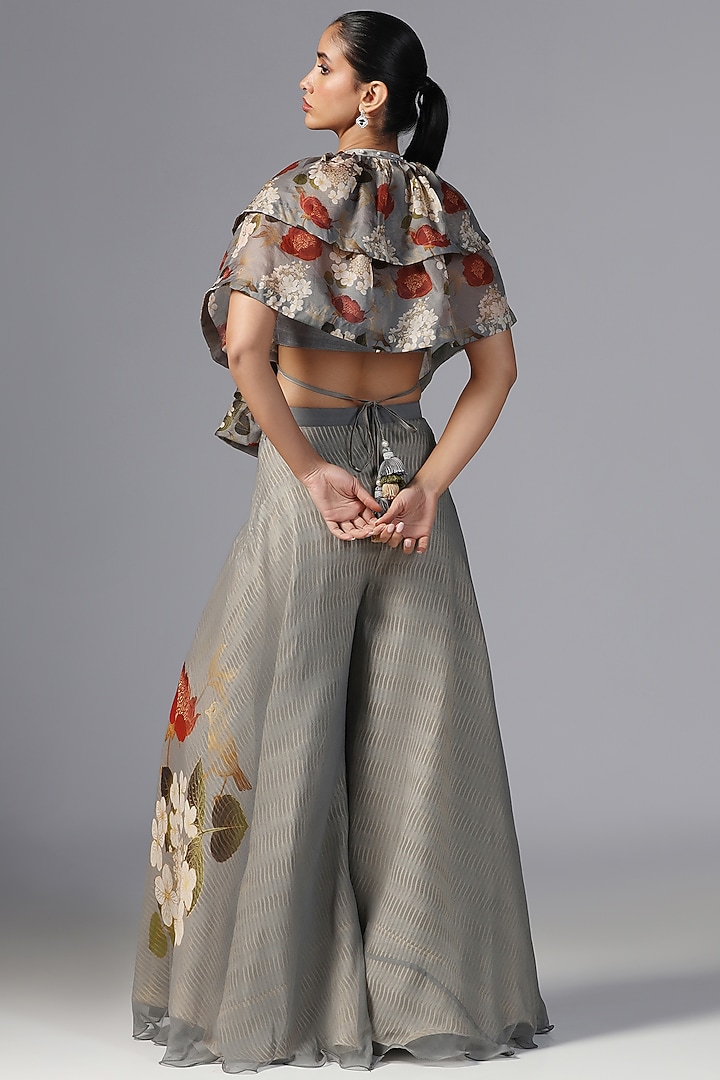 Dull Blue Chiffon Printed Pant Set by Yashodhara at Pernia's Pop Up Shop