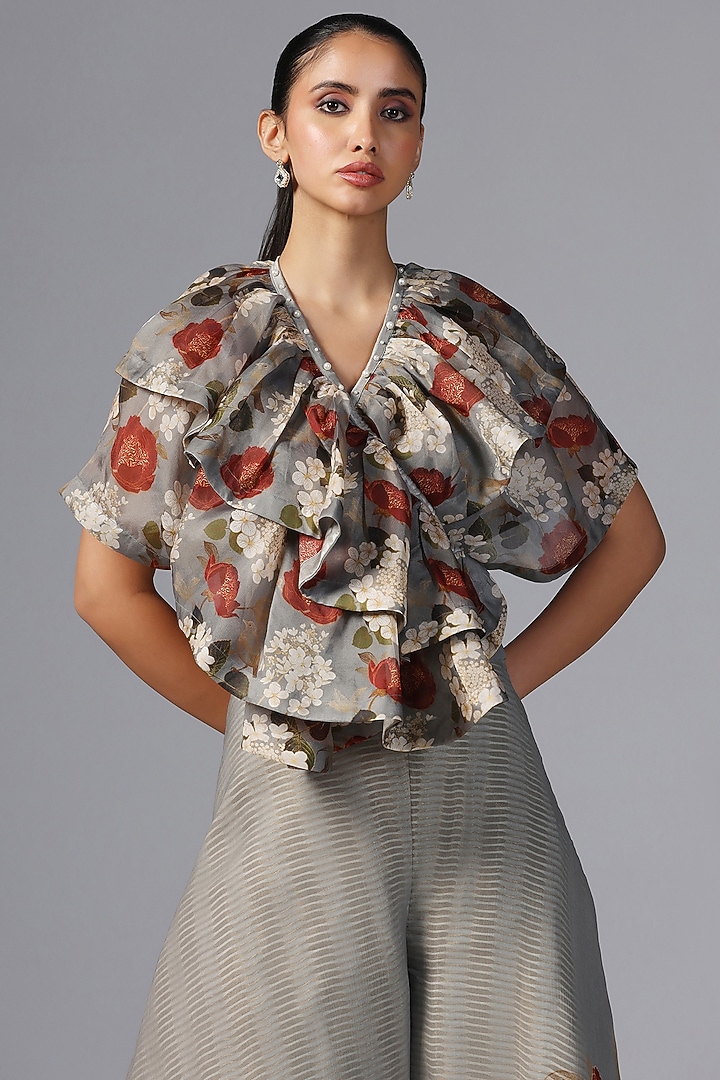 Dull Blue Chiffon Printed Pant Set by Yashodhara at Pernia's Pop Up Shop