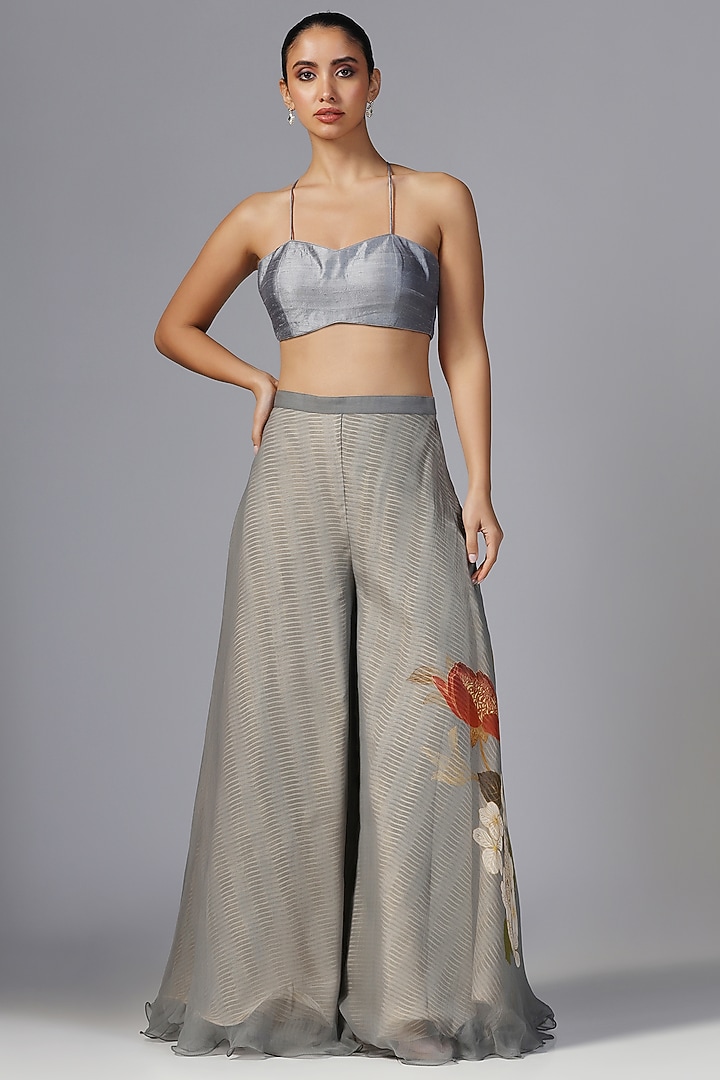 Dull Blue Chiffon Printed Pant Set by Yashodhara at Pernia's Pop Up Shop