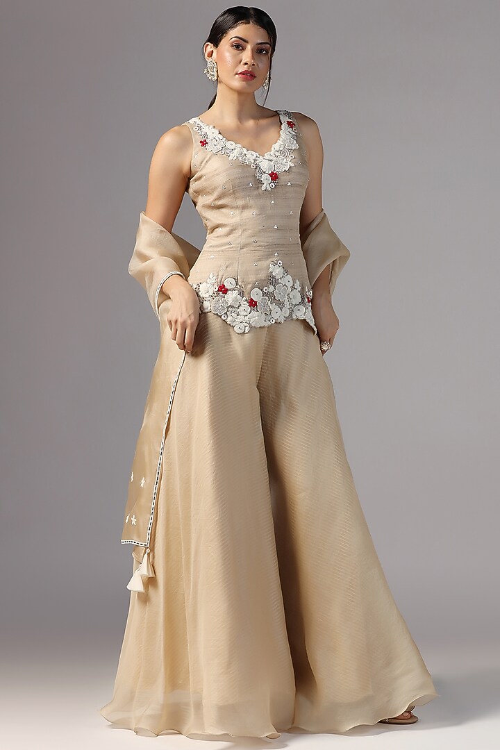 Beige Tussar Embroidered Kurta Set by Yashodhara at Pernia's Pop Up Shop