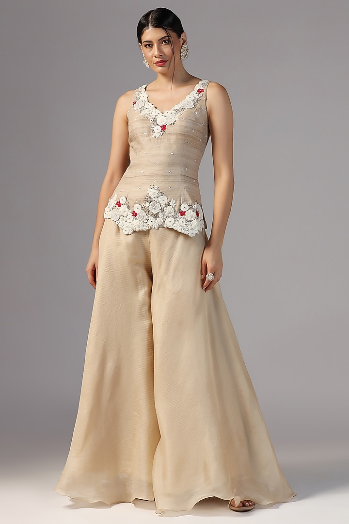 Beige Tussar Embroidered Kurta Set by Yashodhara at Pernia's Pop Up Shop
