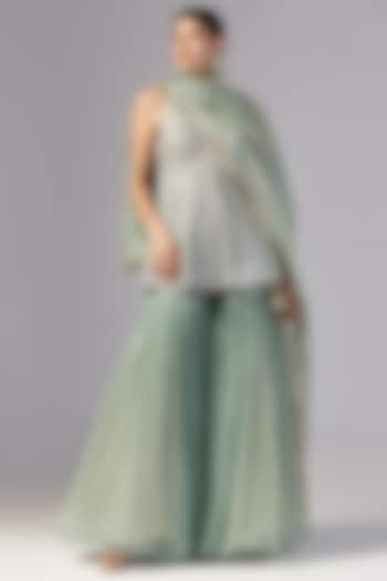 Teal Green Chiffon Gharara Set by Yashodhara at Pernia's Pop Up Shop