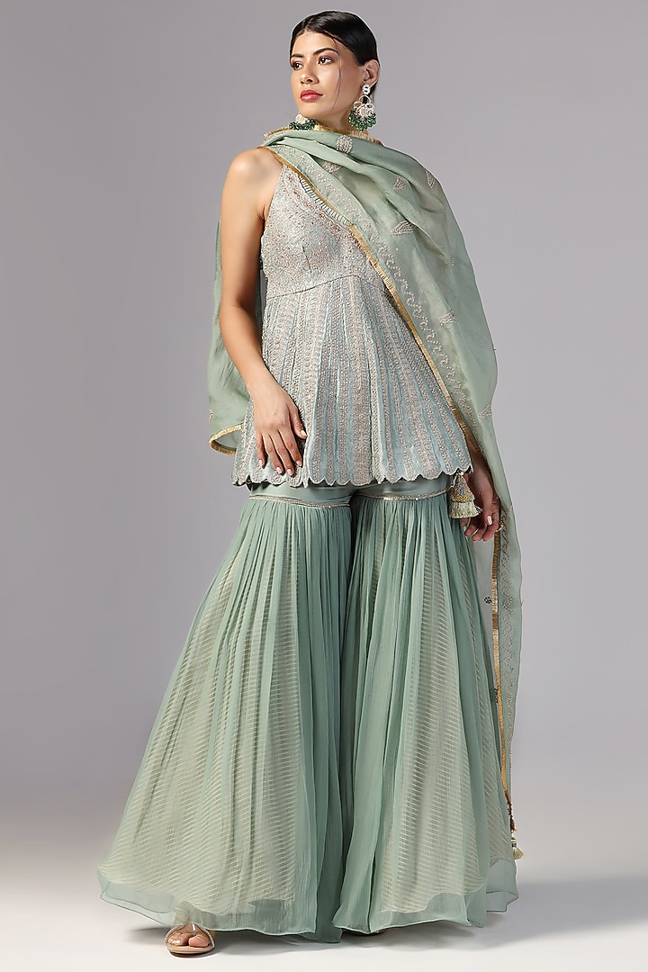 Teal Green Chiffon Gharara Set by Yashodhara at Pernia's Pop Up Shop