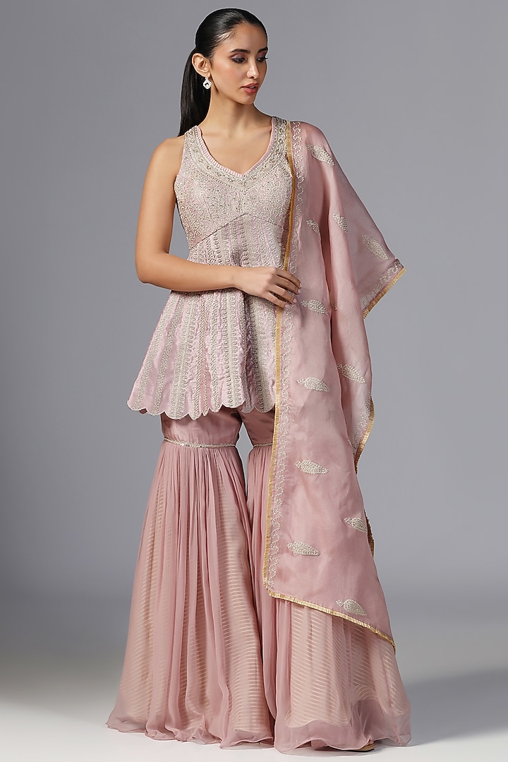 Antique Pink Chiffon Gharara Set by Yashodhara at Pernia's Pop Up Shop