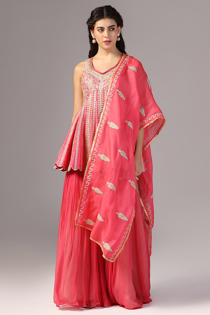 Fuchsia Pink Chiffon Gharara Set by Yashodhara at Pernia's Pop Up Shop