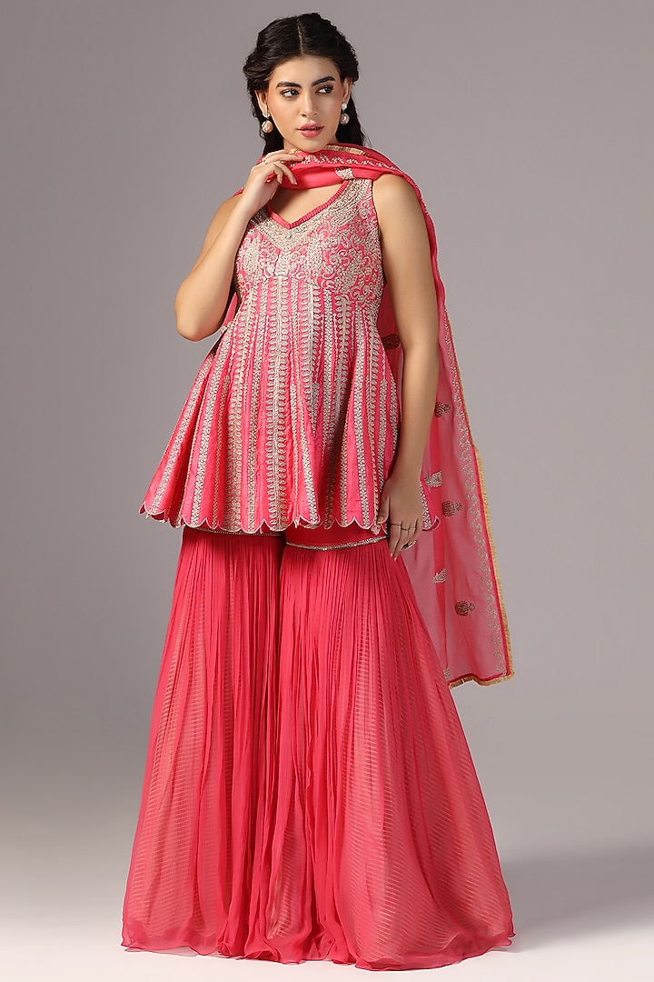 Fuchsia Pink Chiffon Gharara Set by Yashodhara at Pernia's Pop Up Shop