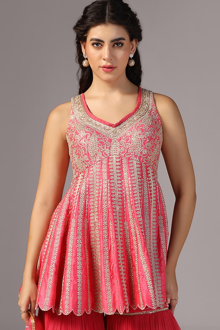 Fuchsia Pink Chiffon Gharara Set by Yashodhara at Pernia's Pop Up Shop