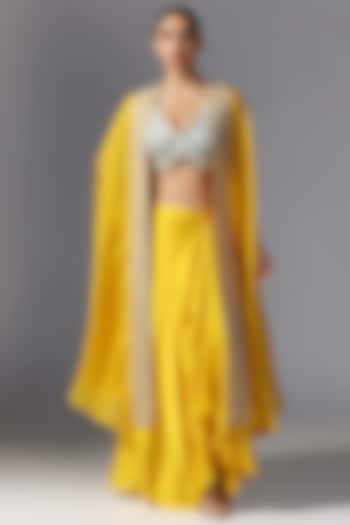 Yellow Organza Embroidered Cape Set by Yashodhara at Pernia's Pop Up Shop