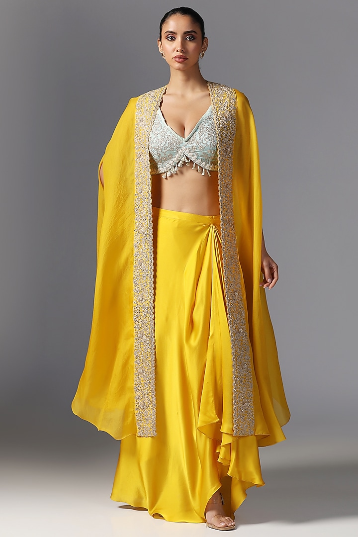 Yellow Organza Embroidered Cape Set by Yashodhara at Pernia's Pop Up Shop
