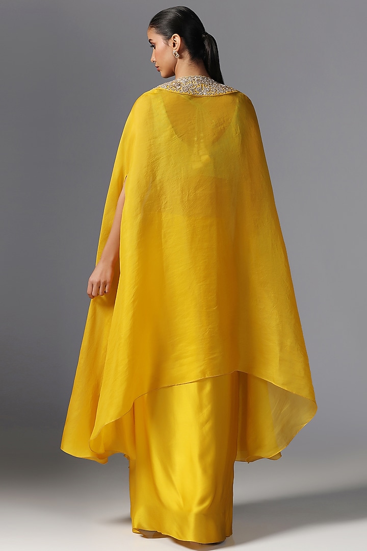 Yellow Organza Embroidered Cape Set by Yashodhara at Pernia's Pop Up Shop