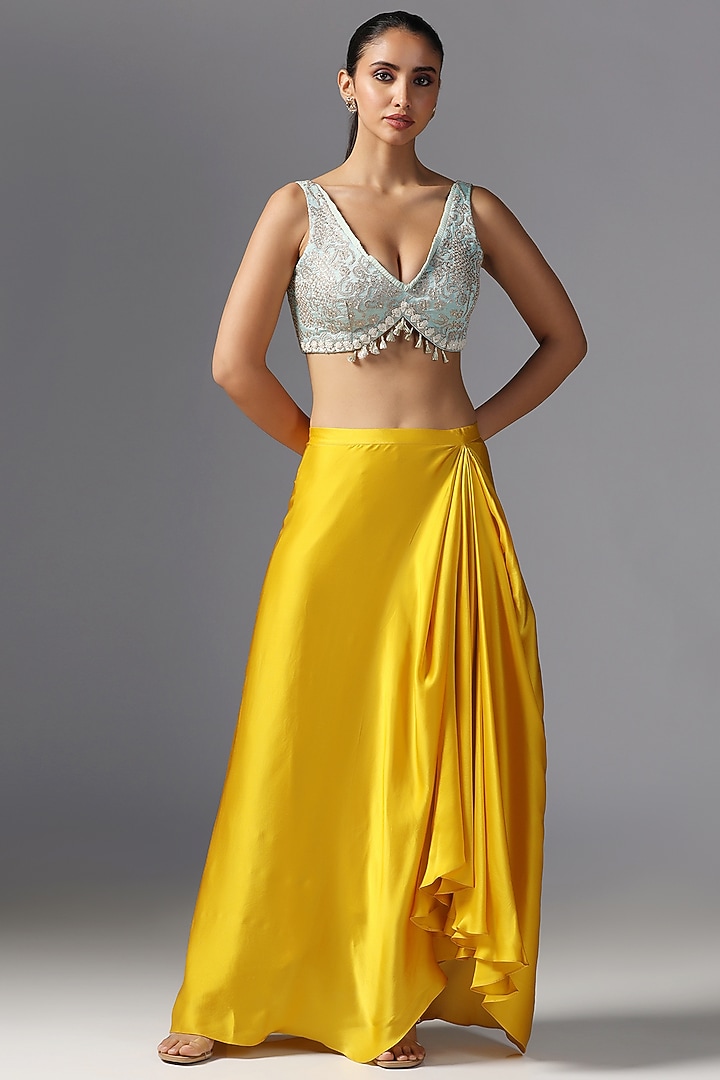 Yellow Organza Embroidered Cape Set by Yashodhara at Pernia's Pop Up Shop