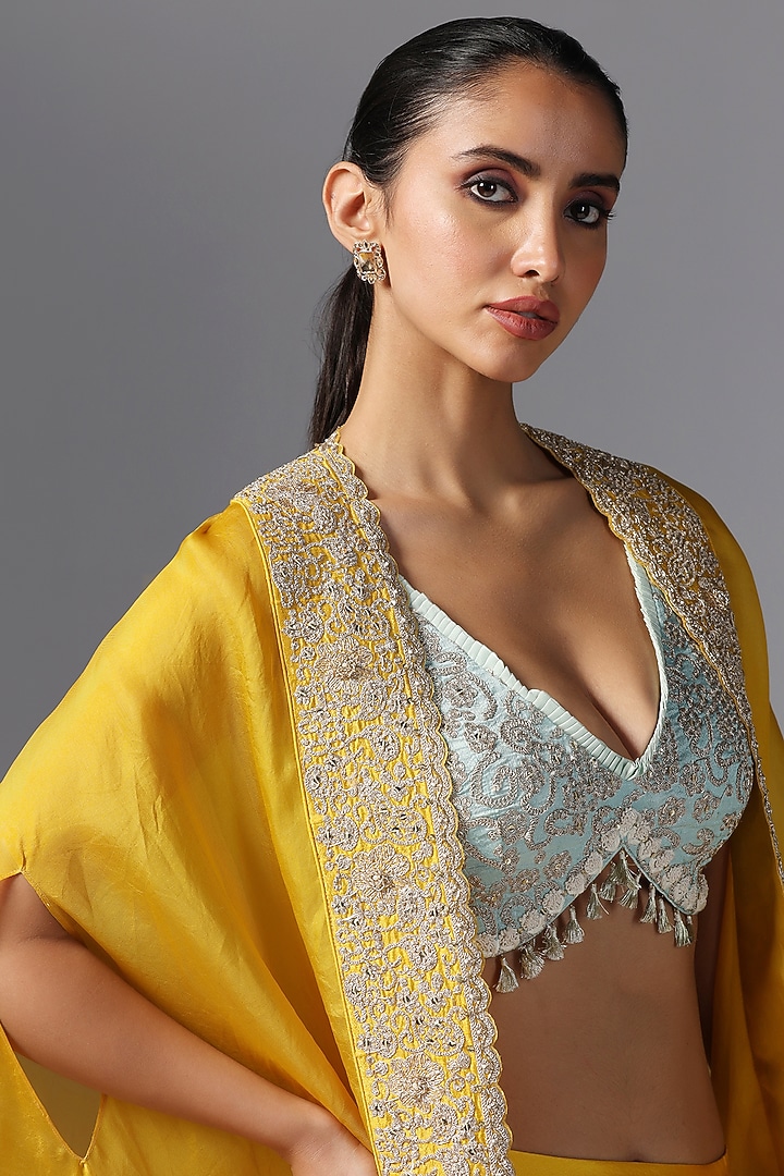 Yellow Organza Embroidered Cape Set by Yashodhara at Pernia's Pop Up Shop