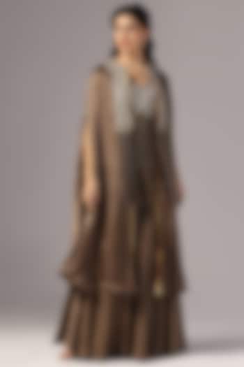 Ash Brown Chamois Satin Embroidered Cape Set by Yashodhara at Pernia's Pop Up Shop