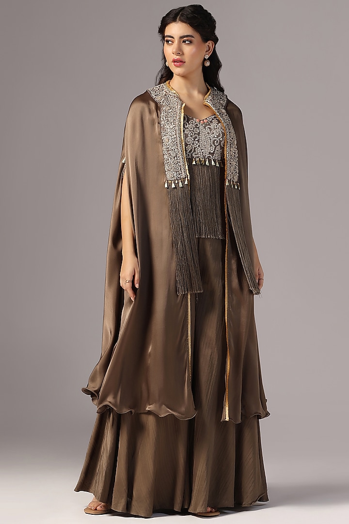 Ash Brown Chamois Satin Embroidered Cape Set by Yashodhara at Pernia's Pop Up Shop