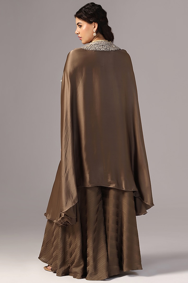 Ash Brown Chamois Satin Embroidered Cape Set by Yashodhara at Pernia's Pop Up Shop