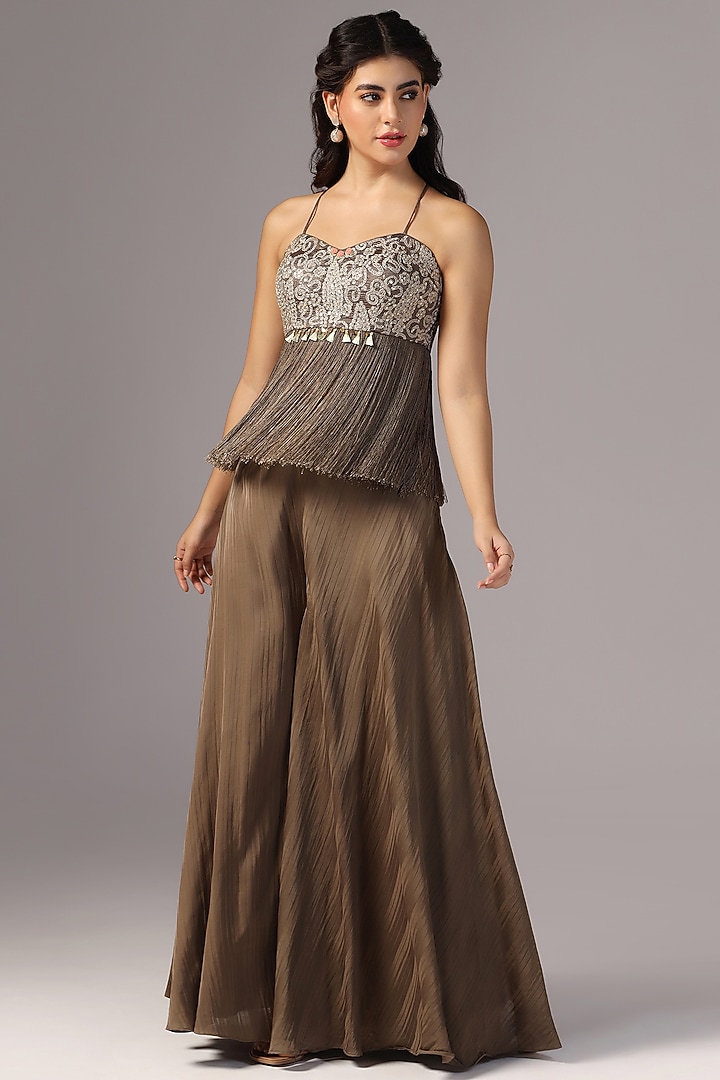 Ash Brown Chamois Satin Embroidered Cape Set by Yashodhara at Pernia's Pop Up Shop