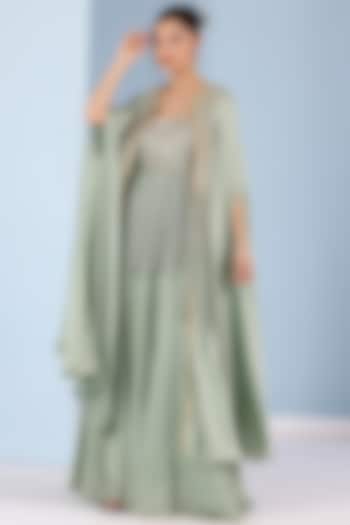 Teal Green Chamois Satin Cape Set by Yashodhara at Pernia's Pop Up Shop