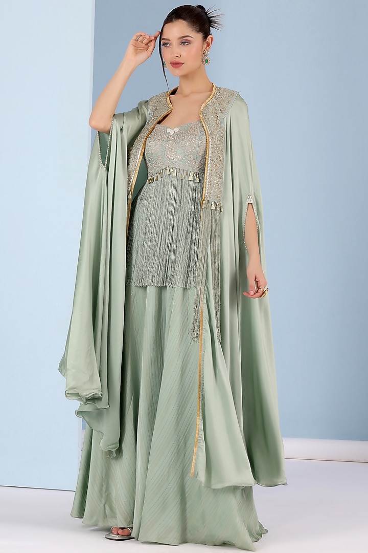 Teal Green Chamois Satin Cape Set by Yashodhara at Pernia's Pop Up Shop