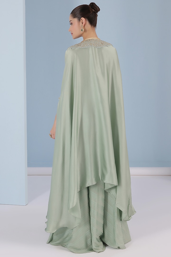 Teal Green Chamois Satin Cape Set by Yashodhara at Pernia's Pop Up Shop