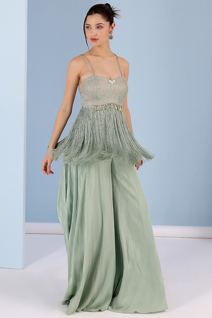 Teal Green Chamois Satin Cape Set by Yashodhara at Pernia's Pop Up Shop