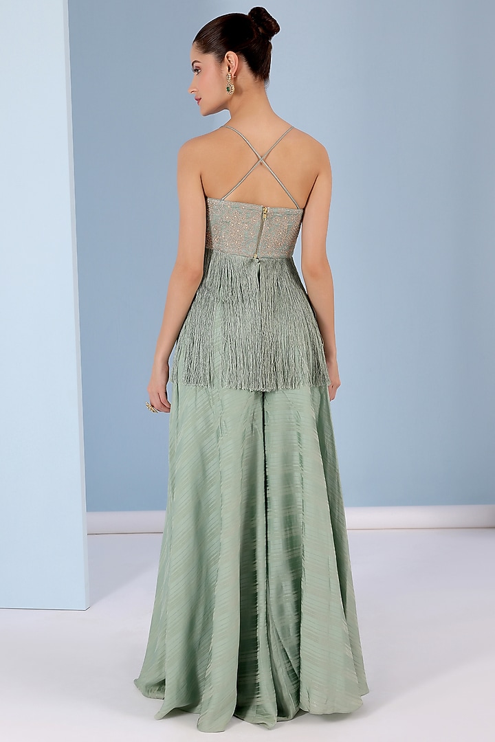 Teal Green Chamois Satin Cape Set by Yashodhara at Pernia's Pop Up Shop