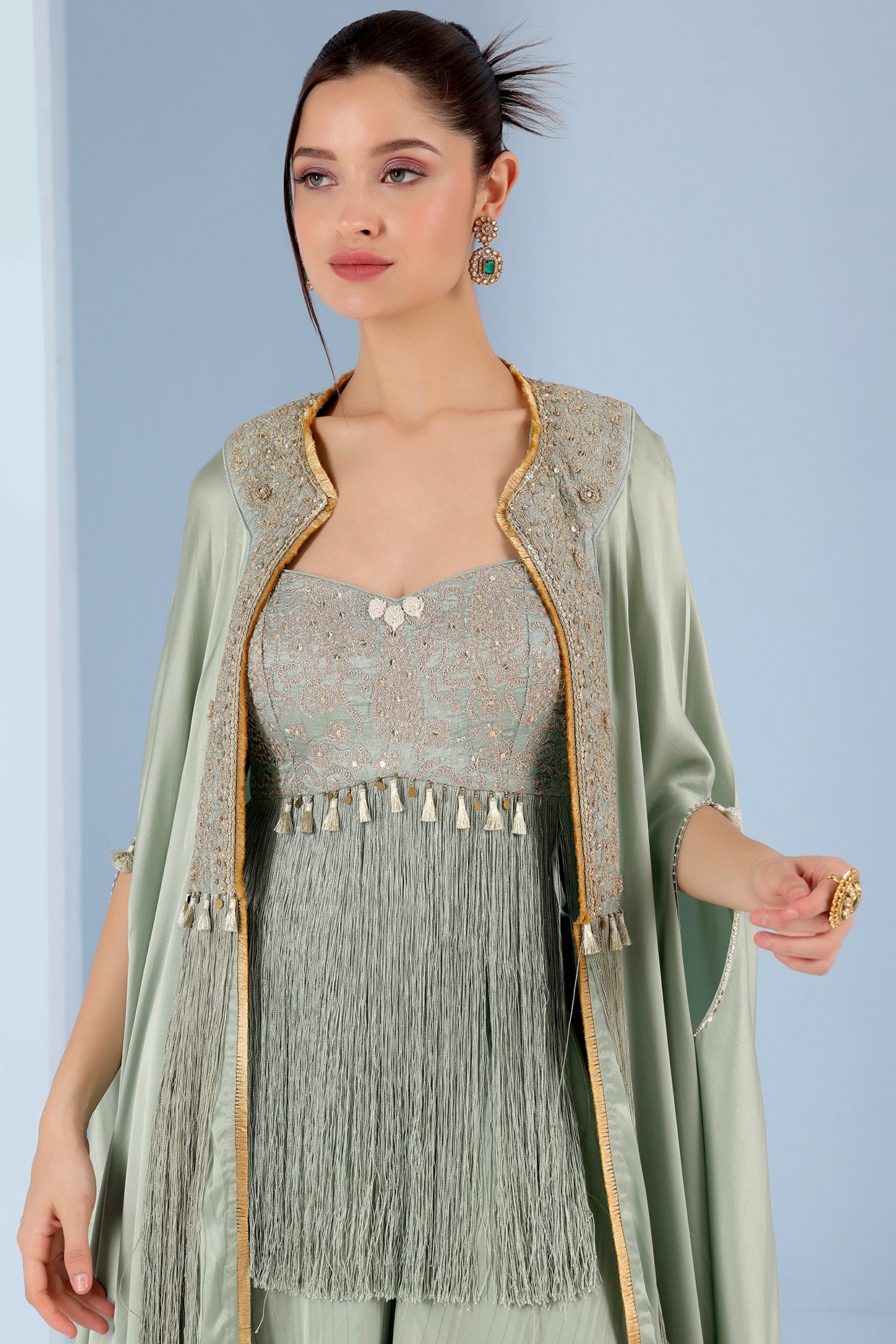 Teal Green Chamois Satin Cape Set by Yashodhara at Pernia's Pop Up