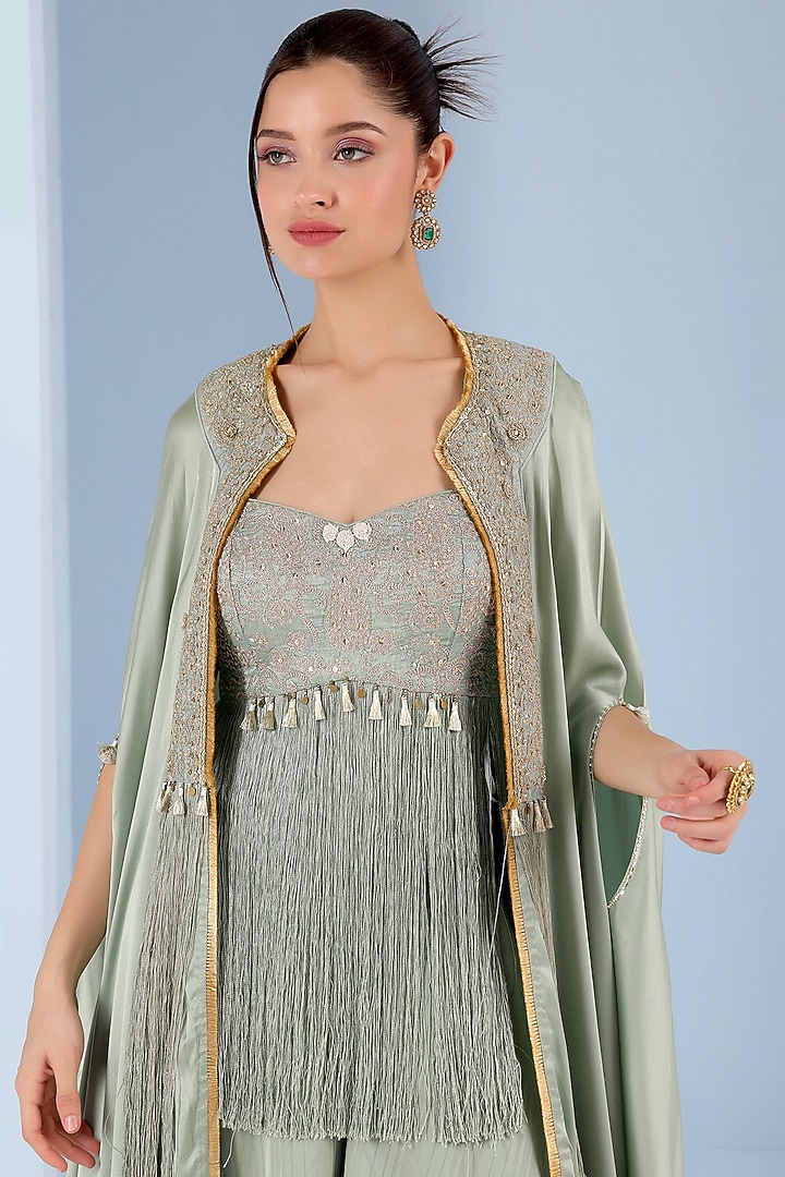 Teal Green Chamois Satin Cape Set by Yashodhara at Pernia's Pop Up Shop