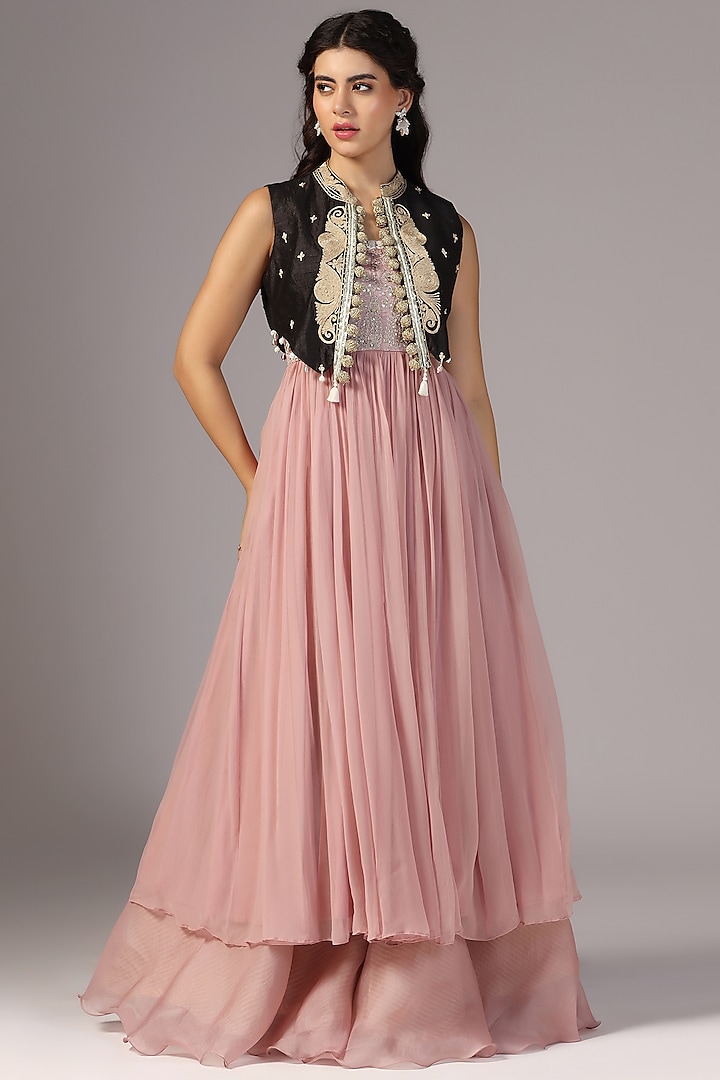 Antique Pink Chiffon Embroidered Jacket Wedding Anarkali Set by Yashodhara at Pernia's Pop Up Shop