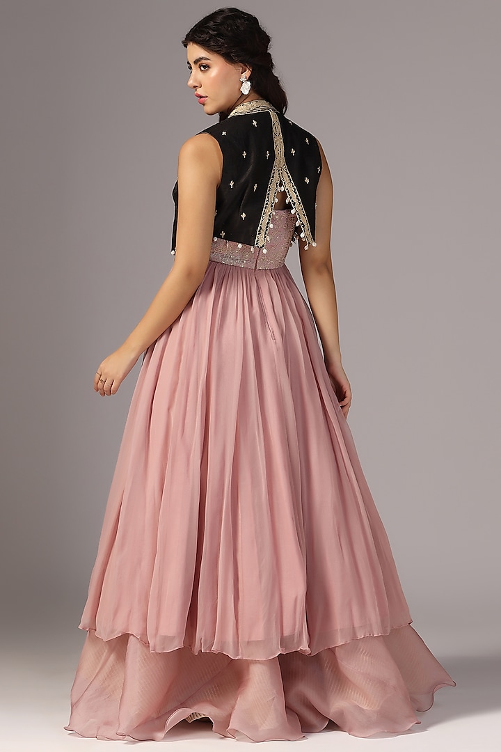 Antique Pink Chiffon Embroidered Jacket Wedding Anarkali Set by Yashodhara at Pernia's Pop Up Shop