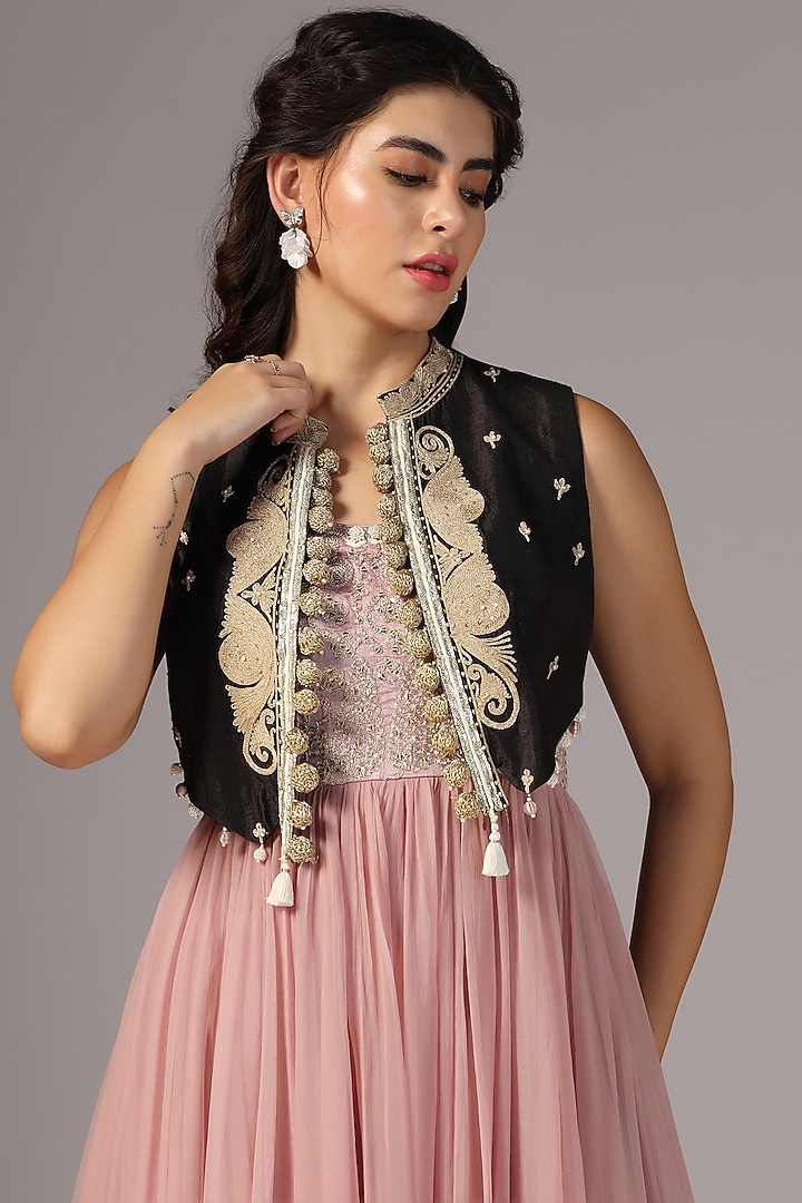 Antique Pink Chiffon Embroidered Jacket Wedding Anarkali Set by Yashodhara at Pernia's Pop Up Shop