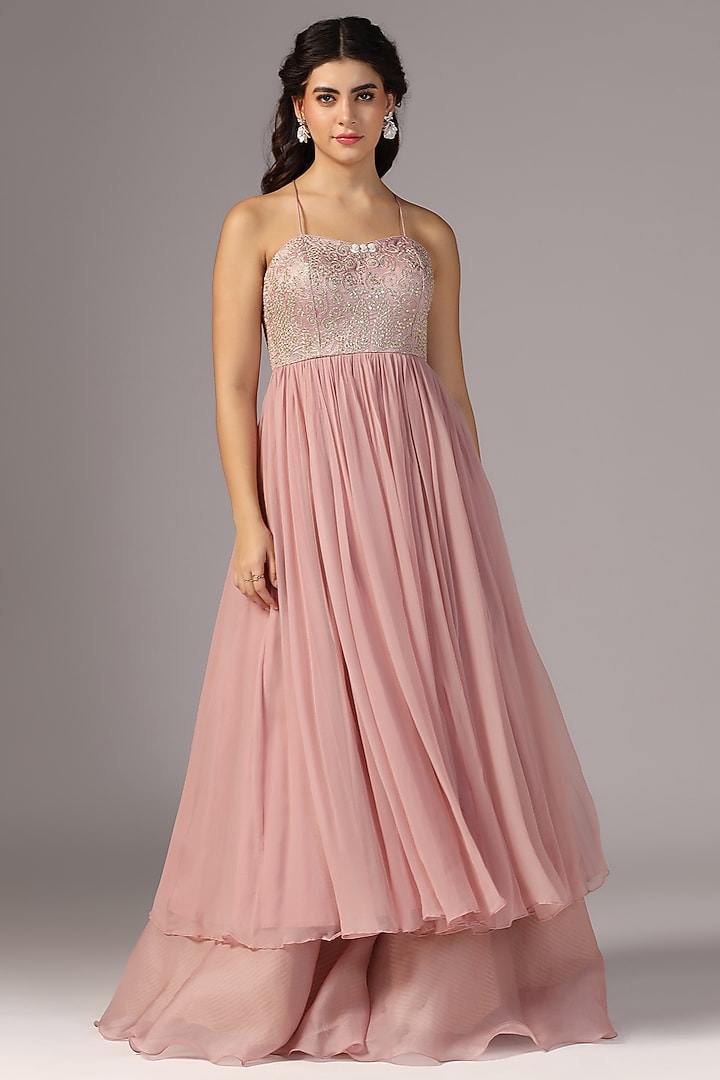 Antique Pink Chiffon Embroidered Jacket Wedding Anarkali Set by Yashodhara at Pernia's Pop Up Shop