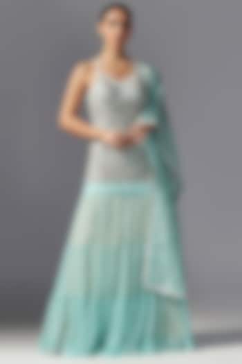 Aqua-Colored Silk & Net Skirt Set by Yashodhara at Pernia's Pop Up Shop