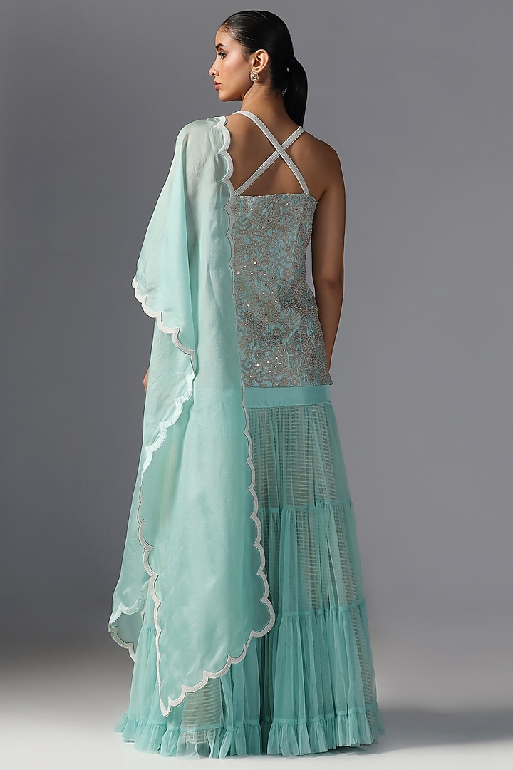Aqua-Colored Silk & Net Skirt Set by Yashodhara at Pernia's Pop Up Shop