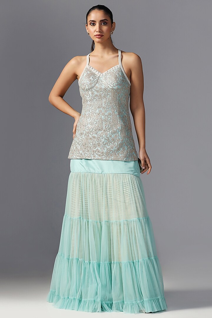 Aqua-Colored Silk & Net Skirt Set by Yashodhara at Pernia's Pop Up Shop