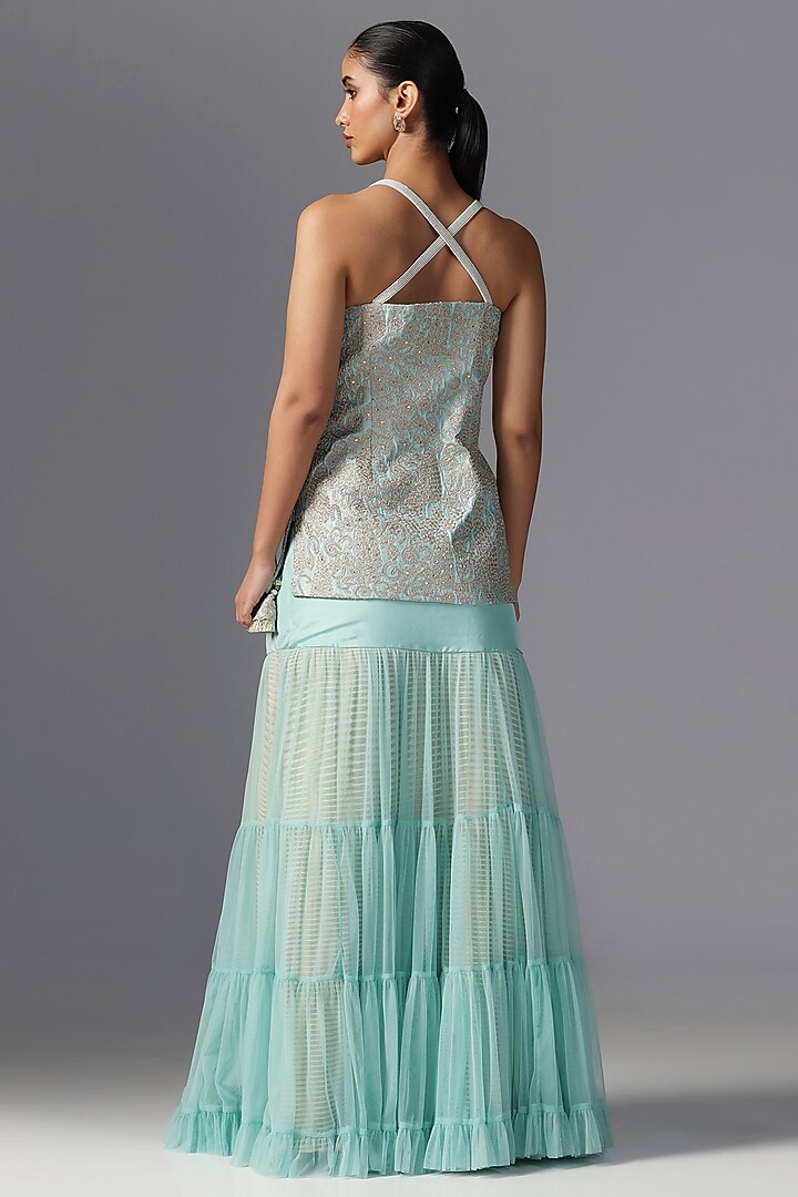 Aqua-Colored Silk & Net Skirt Set by Yashodhara at Pernia's Pop Up Shop
