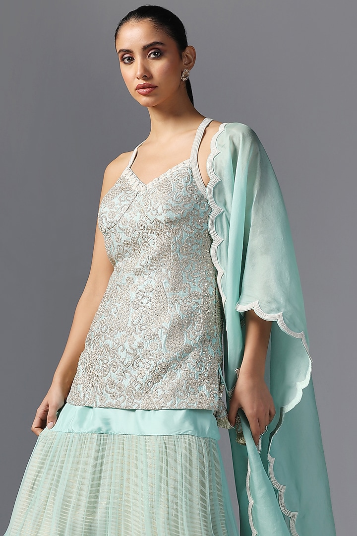 Aqua-Colored Silk & Net Skirt Set by Yashodhara at Pernia's Pop Up Shop