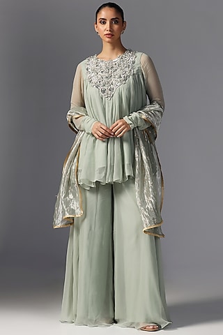 Green Chiffon Embroidered Kurta Set by Yashodhara