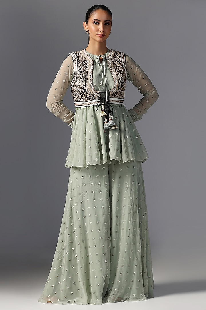 Teal Green Chiffon & Raw Silk Embroidered Jacket Kurta Set by Yashodhara at Pernia's Pop Up Shop