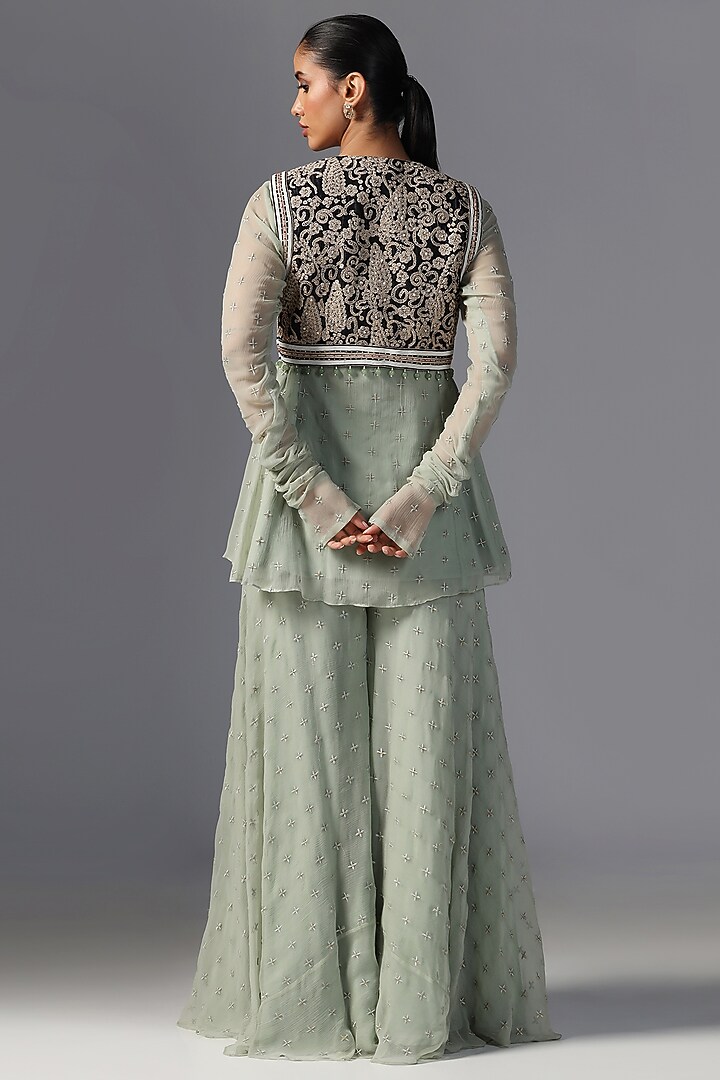 Teal Green Chiffon & Raw Silk Embroidered Jacket Kurta Set by Yashodhara at Pernia's Pop Up Shop