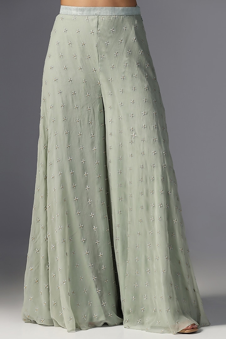 Teal Green Chiffon & Raw Silk Embroidered Jacket Kurta Set by Yashodhara at Pernia's Pop Up Shop