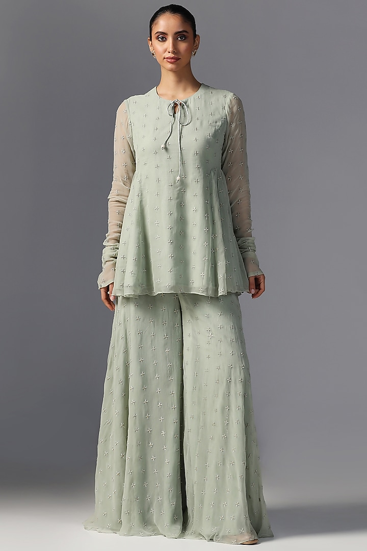 Teal Green Chiffon & Raw Silk Embroidered Jacket Kurta Set by Yashodhara at Pernia's Pop Up Shop