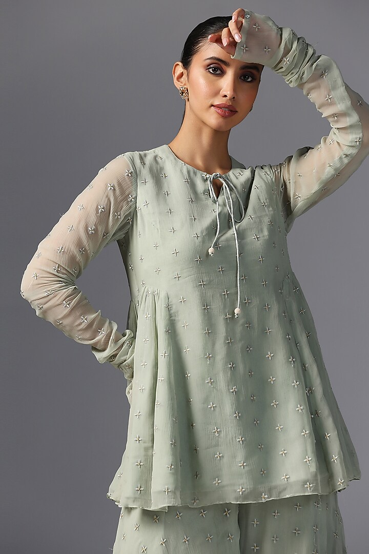 Teal Green Chiffon & Raw Silk Embroidered Jacket Kurta Set by Yashodhara at Pernia's Pop Up Shop