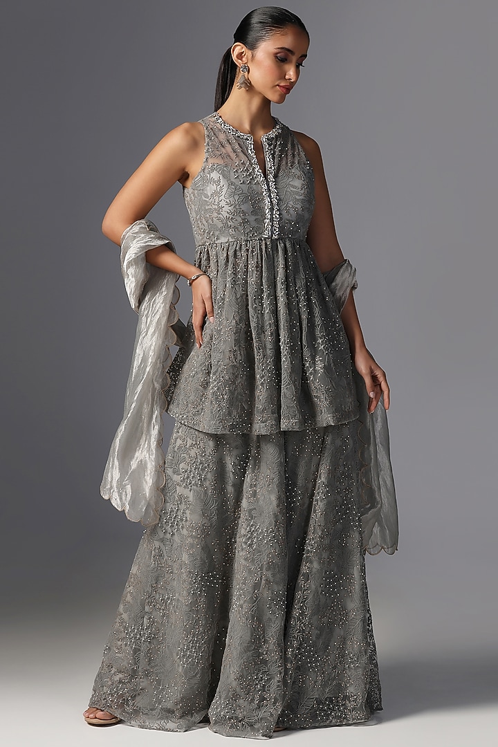 Grey Net Kurta Set by Yashodhara at Pernia's Pop Up Shop