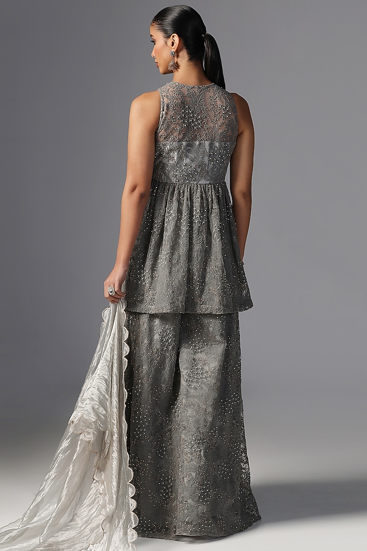 Grey Net Kurta Set by Yashodhara at Pernia's Pop Up Shop