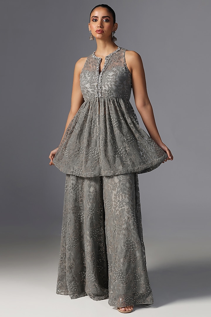 Grey Net Kurta Set by Yashodhara at Pernia's Pop Up Shop