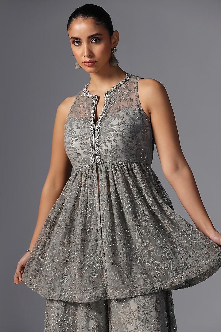 Grey Net Kurta Set by Yashodhara at Pernia's Pop Up Shop