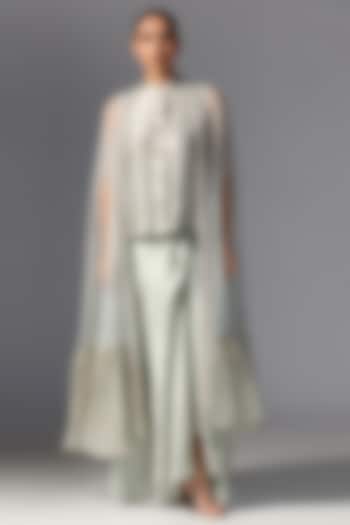 Emerald Green Organza & Chiffon Cape Set by Yashodhara at Pernia's Pop Up Shop