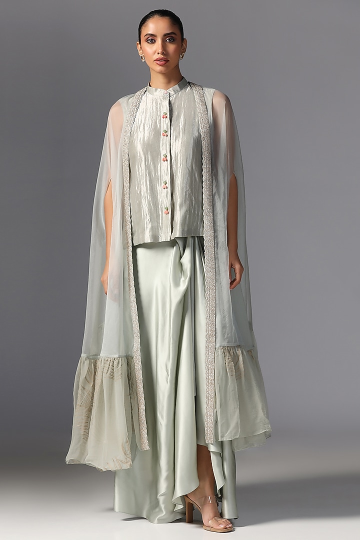 Emerald Green Organza & Chiffon Cape Set by Yashodhara at Pernia's Pop Up Shop