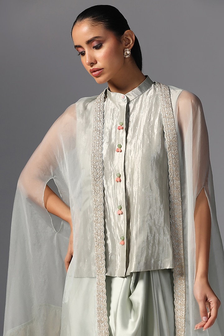Emerald Green Organza & Chiffon Cape Set by Yashodhara at Pernia's Pop Up Shop