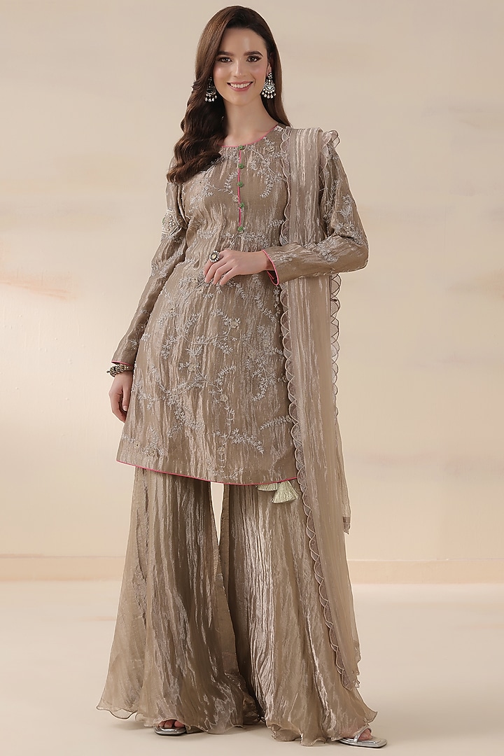Khaki Tissue Kurta Set by Yashodhara at Pernia's Pop Up Shop